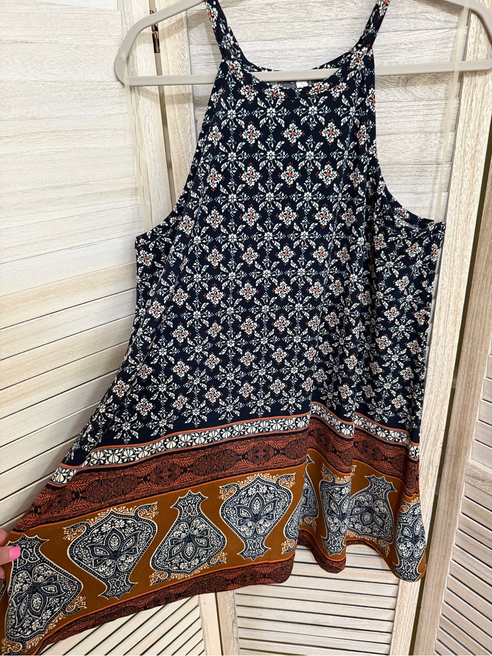 Xhilaration Navy Floral & Paisley Halter Mini Dress with Rust Border - Picture 4 of 8